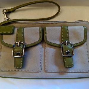 Coach green and tan canvas clutch